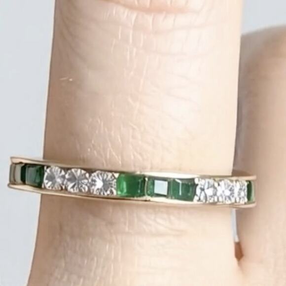 Bailey Banks Biddle 2CT TOTAL Emerald/Diamond 14KT Yellow Gold Eternity Ring 5 - Picture 7 of 13